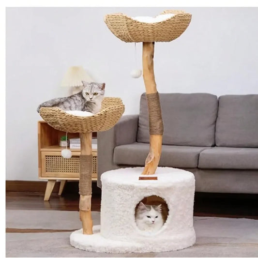 XMSJ Wood Modern Cat Tree Tower Indoor Cat Climbing Bed
