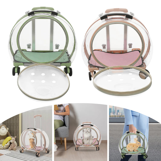 Pink/Green Breathable Cat Carrier,PC Cat Carrier with 4 Rolling Wheels 40*27*45cm for Cats Weighing Within 9kg