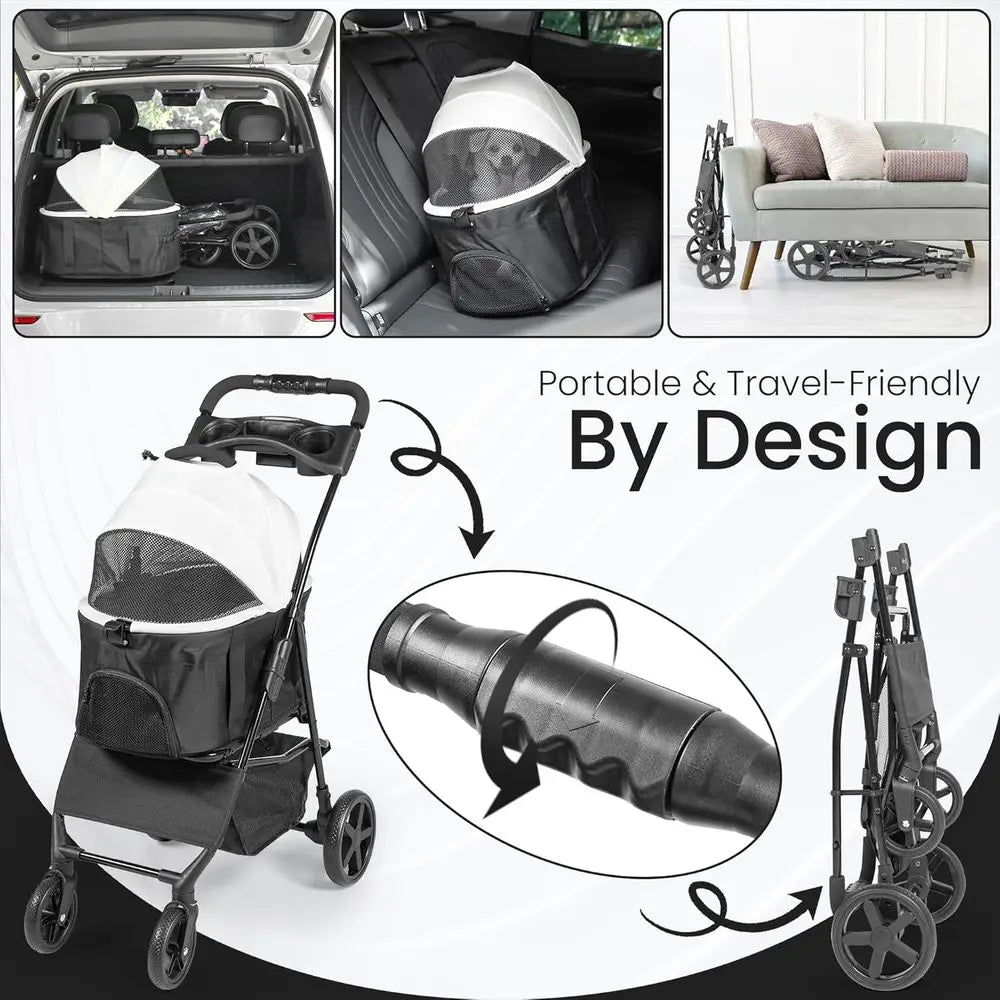 Compact 3-in-1 Pet Stroller and Carrier - Portable Design for Cats & Dogs, Safety Lock, Storage Basket