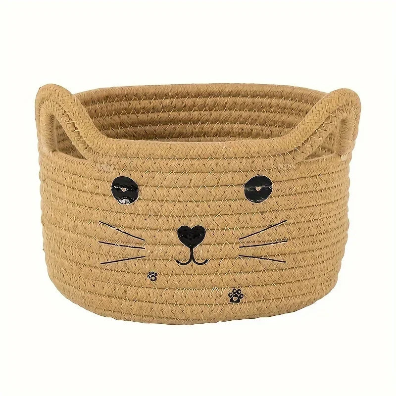 Cat Basket Storage Woven Organizer With Ears Decorative Toy Bin