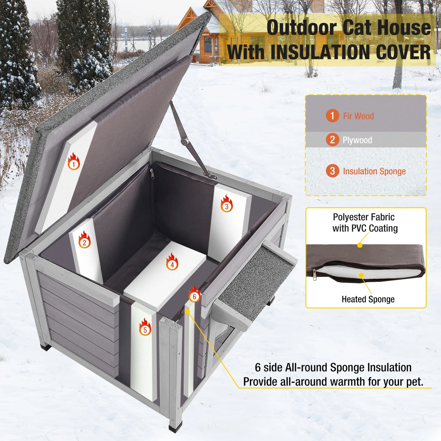 NONECN Insulated Wooden Cat House With Soft Liner Waterproof Roof