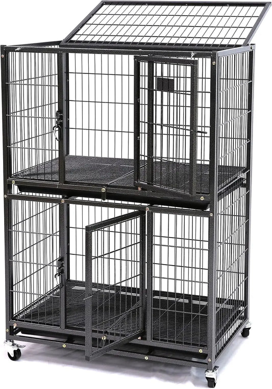 Two-Tier Heavy-Duty Dog Crate With Lockable Wheels