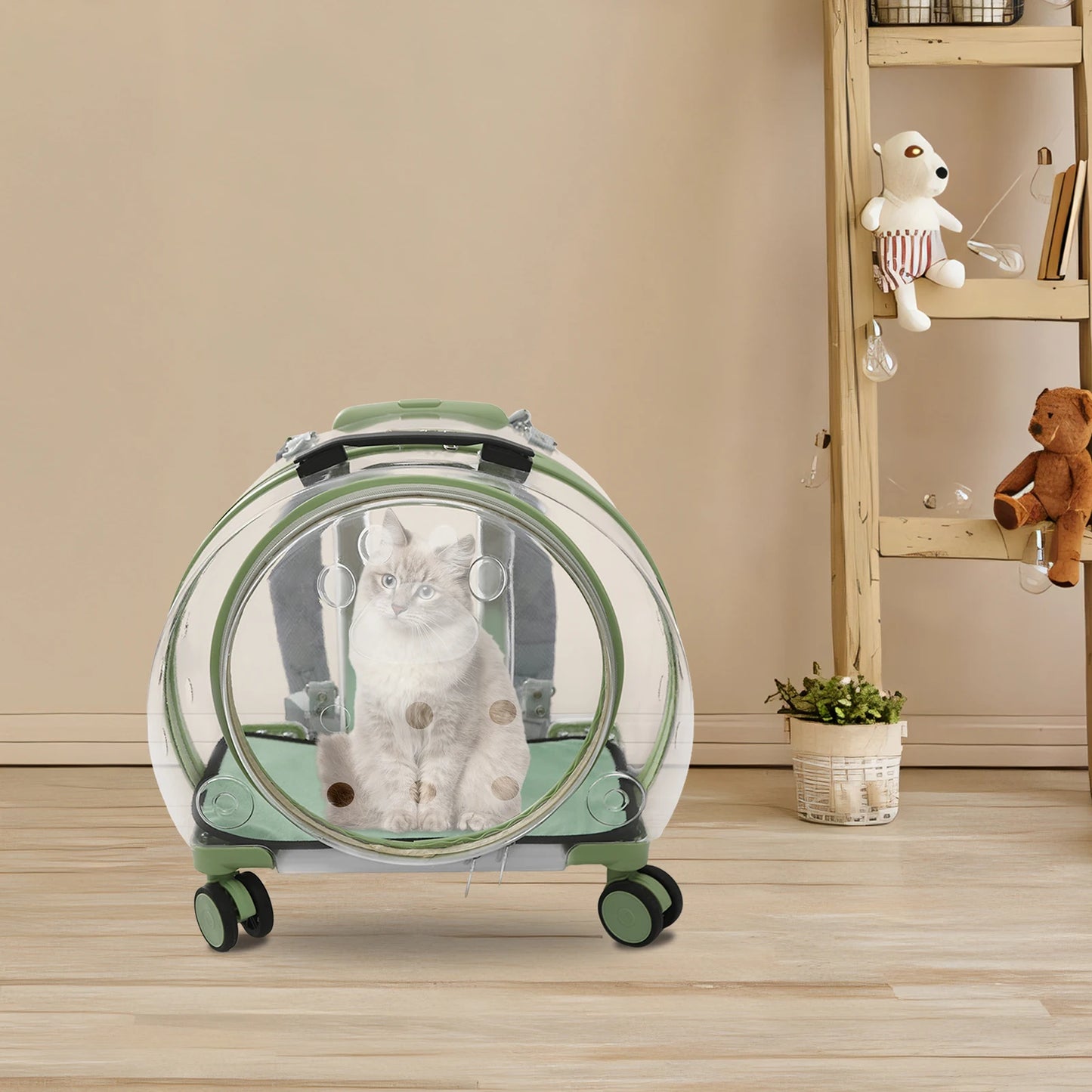 Pink/Green Breathable Cat Carrier,PC Cat Carrier with 4 Rolling Wheels 40*27*45cm for Cats Weighing Within 9kg