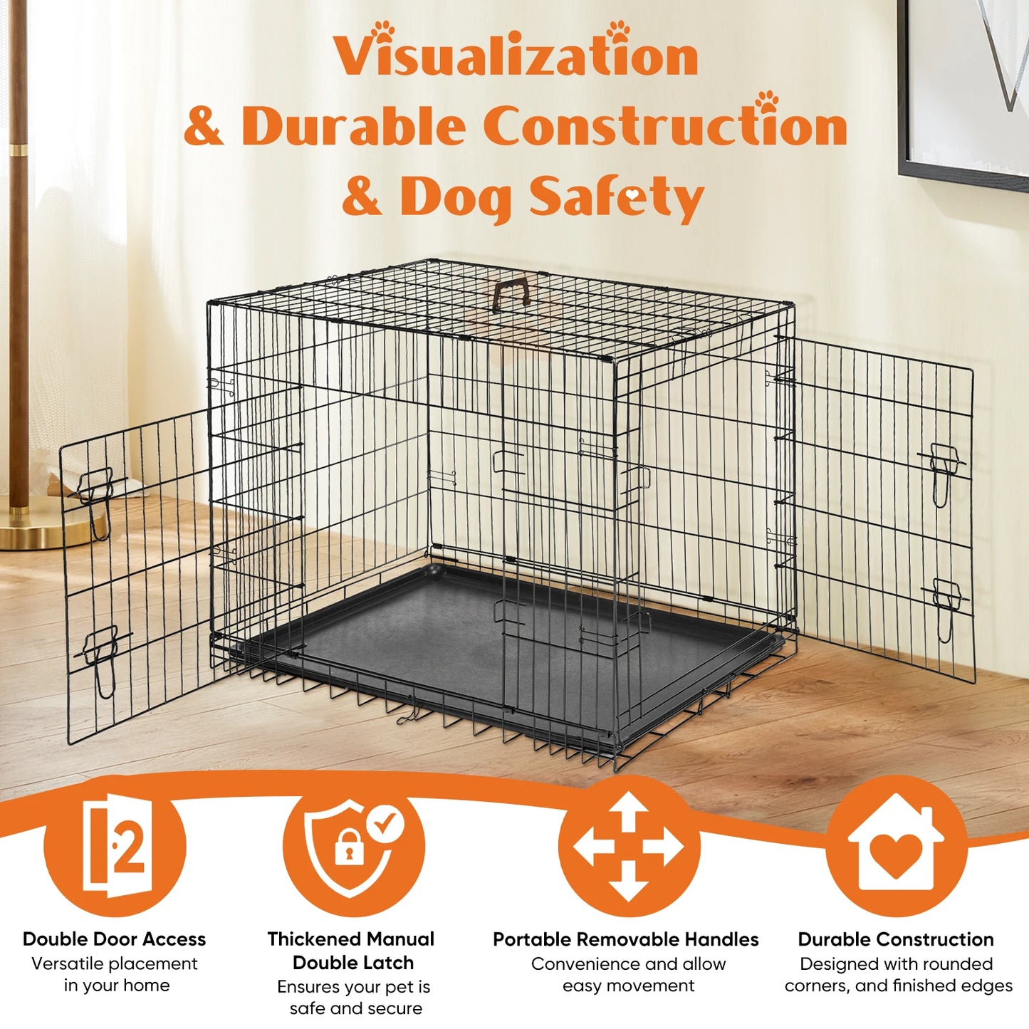 JHK Folding Metal Dog Cage With Leak Proof Pan