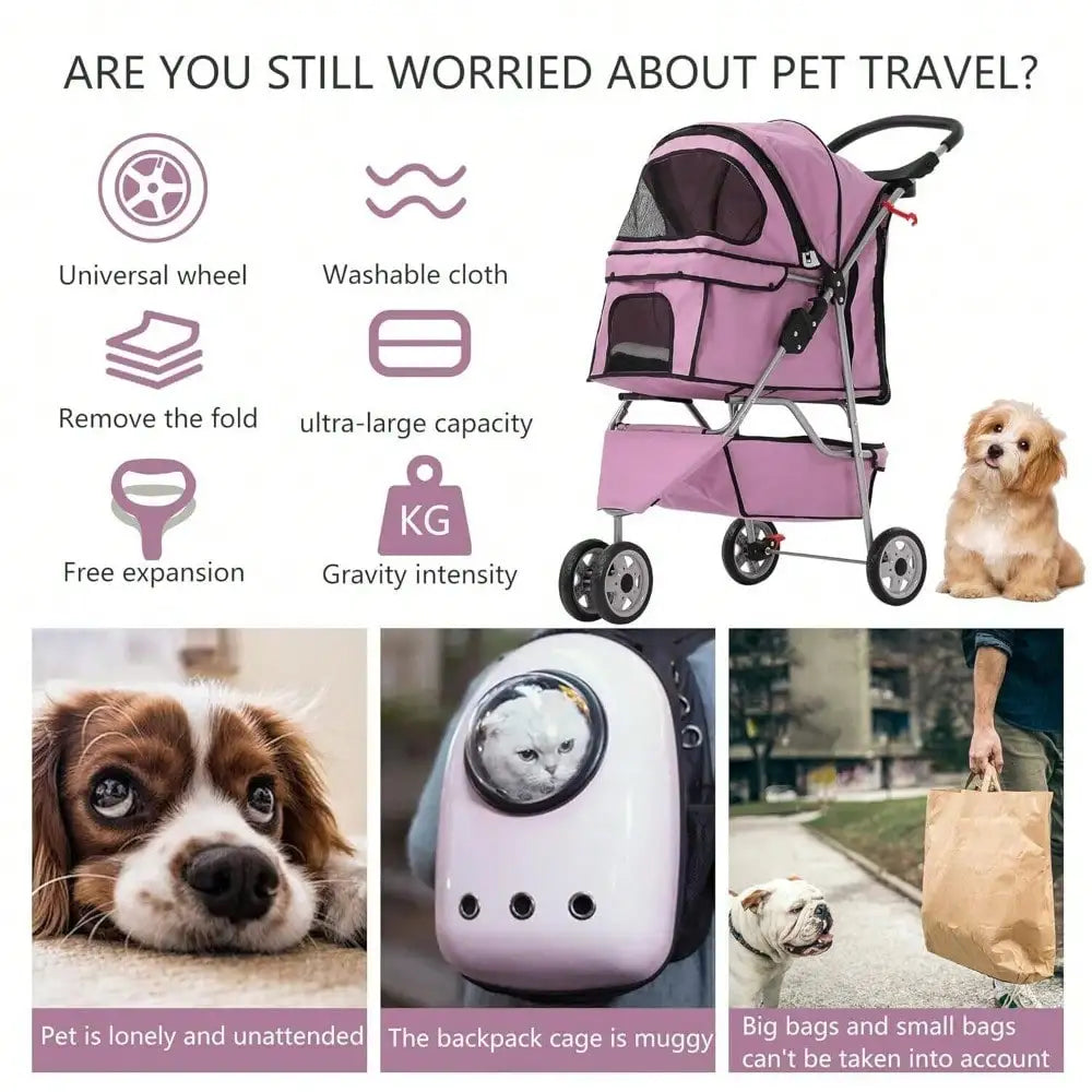 Three Wheel Pet Stroller For Cats And Dogs Folding Carrier