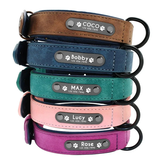 NONECN Personalized Name ID Tag Leather Dog Collar