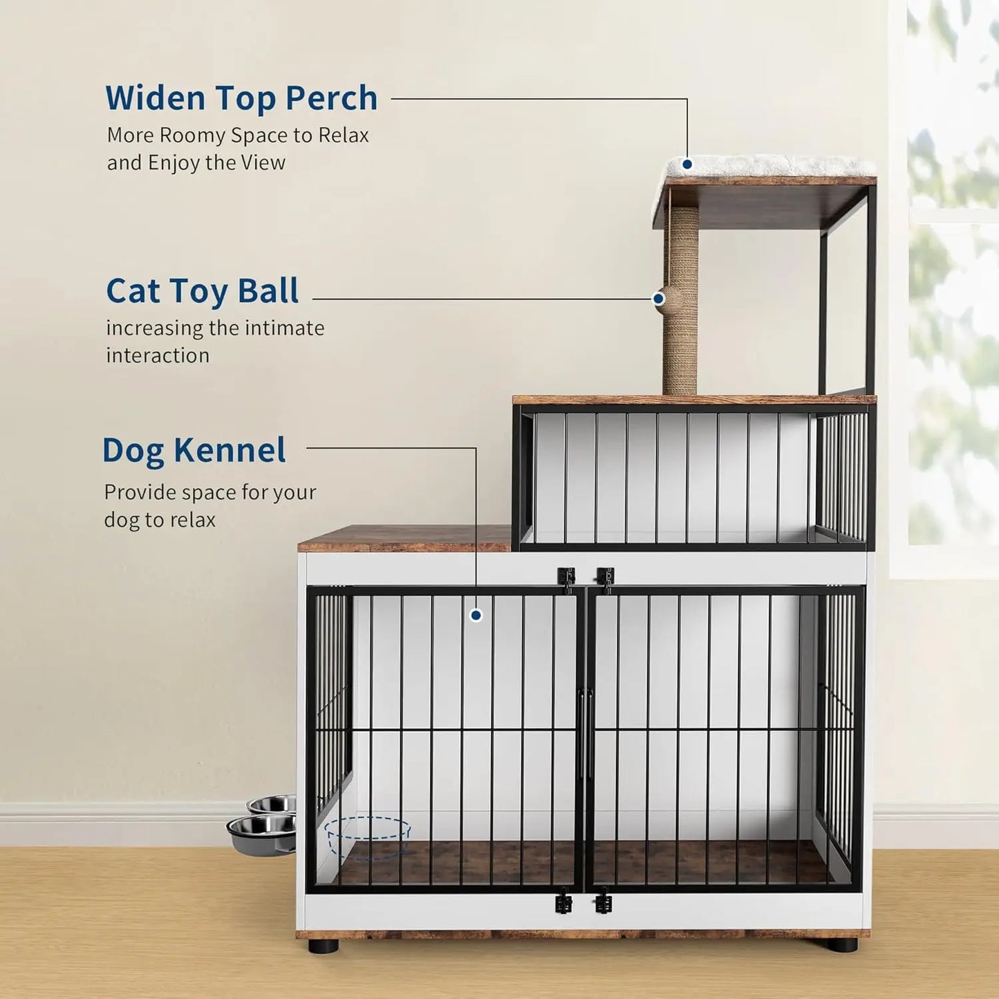 HiMISS Dog Crate Furniture With Cat Tower And Shelves