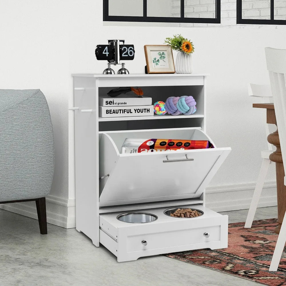 Pet Feeding Station With Double Pull-Out Dog Bowl Cabinet