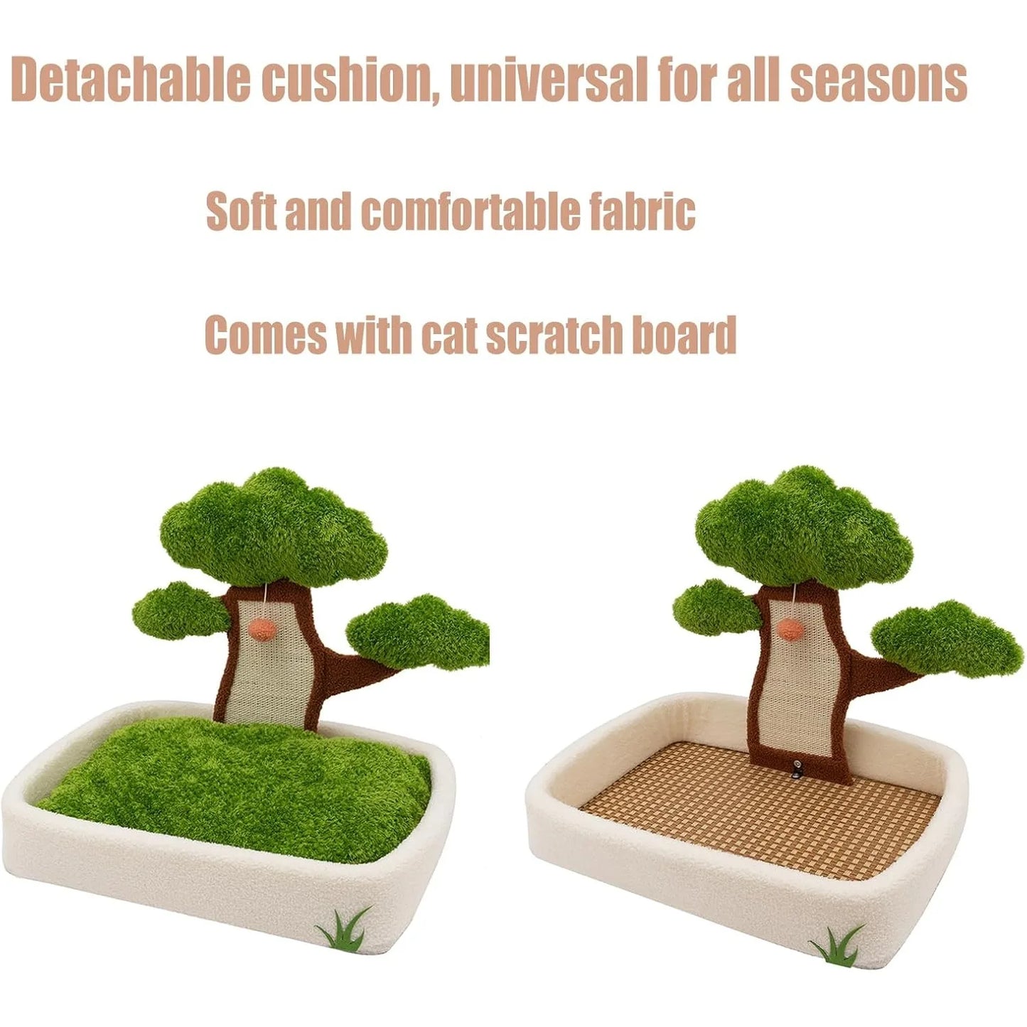 Cat House With Pine Tree Scratching Post And Plush Bed