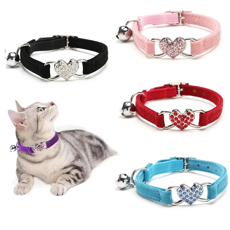 NONED Heart Charm Bell Cat Collar Elastic Adjustable Velvet