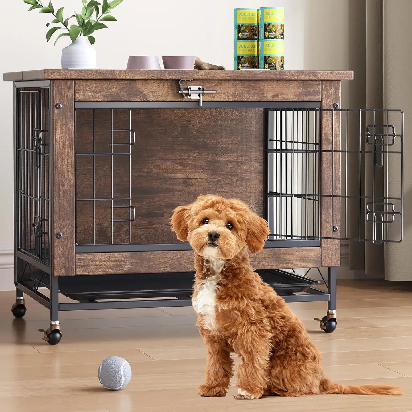 HiMISS Rustic Dog Crate Furniture With Wheels End Table