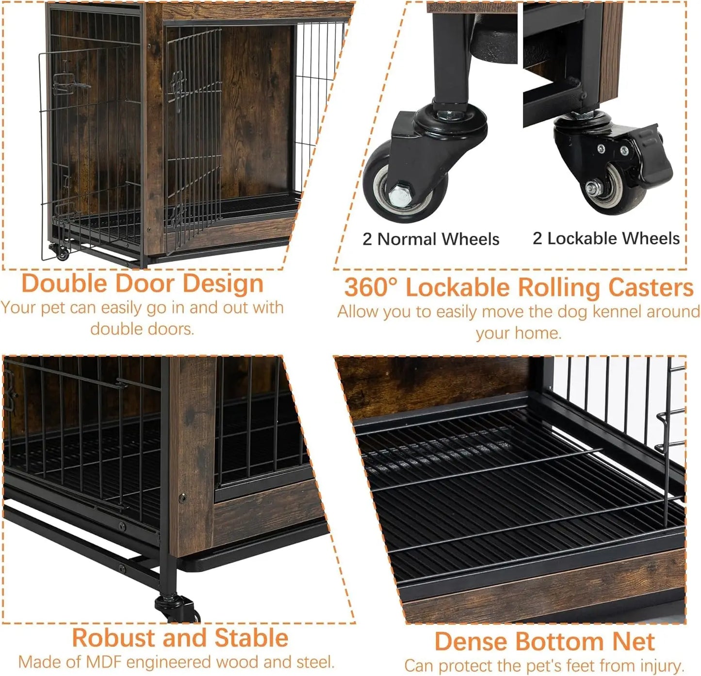 HiMISS Rustic Dog Crate Furniture With Wheels End Table