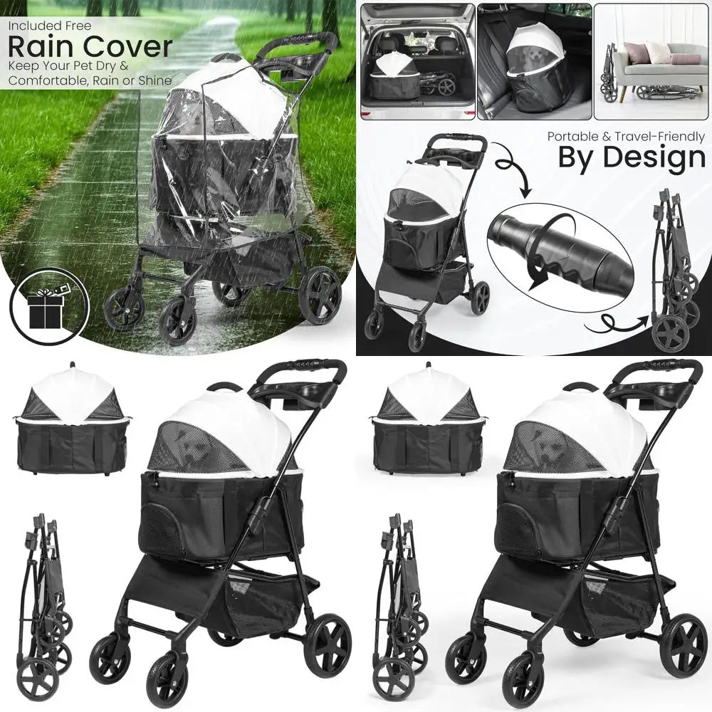 Compact 3-in-1 Pet Stroller and Carrier - Portable Design for Cats & Dogs, Safety Lock, Storage Basket