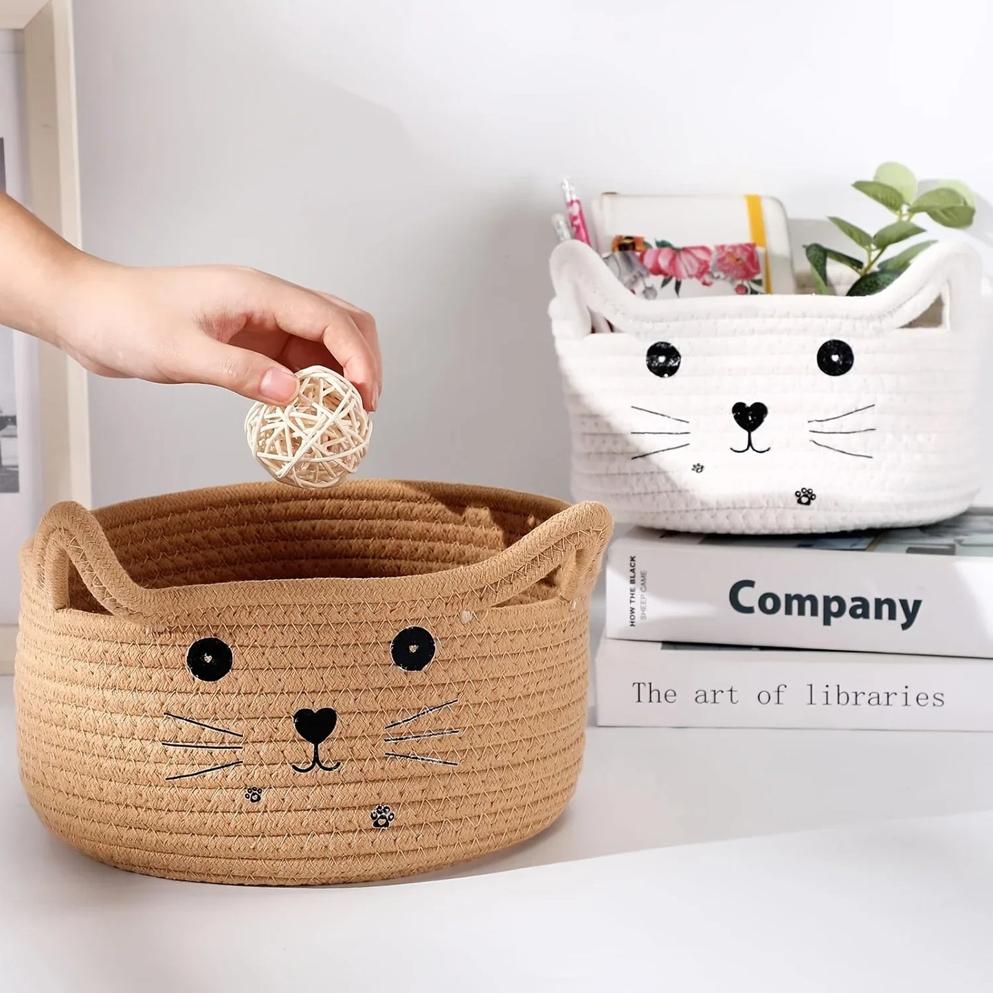 Cat Basket Storage Woven Organizer With Ears Decorative Toy Bin