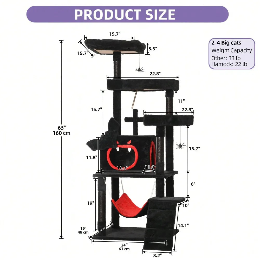 Gothic Cat Tree Tower For Indoor Cats With Spider Hanging