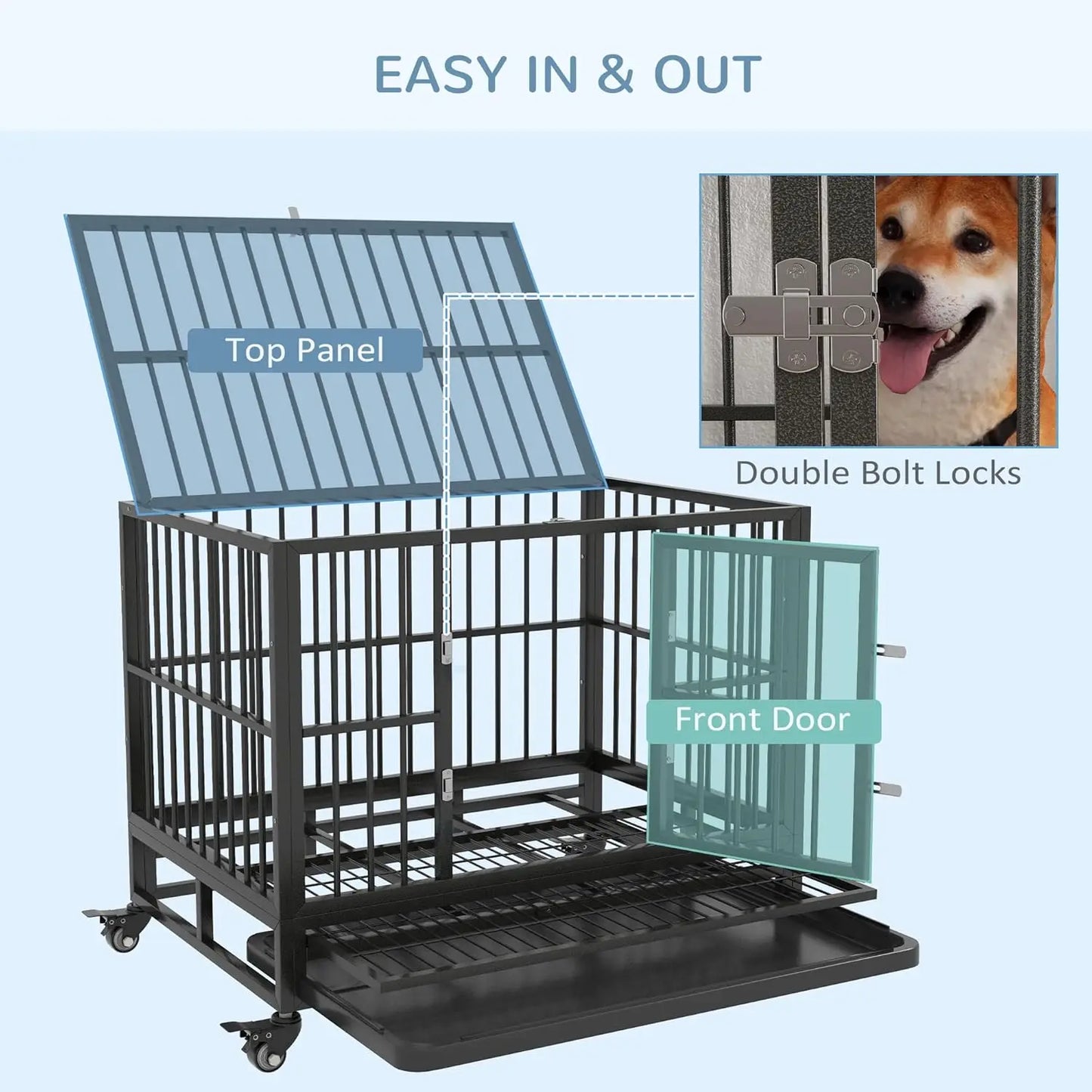Heavy Duty Dog Crate With Lockable Wheels And Tray