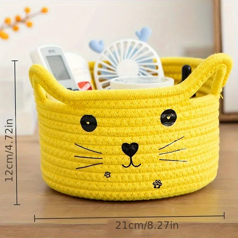 Cat Basket Storage Woven Organizer With Ears Decorative Toy Bin