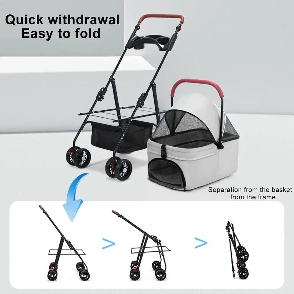 Folding 4-Wheel Pet Stroller with Storage, Adjustable Handle, and Carrier for Small Dogs and Cats - Ideal for Travel (Grey)