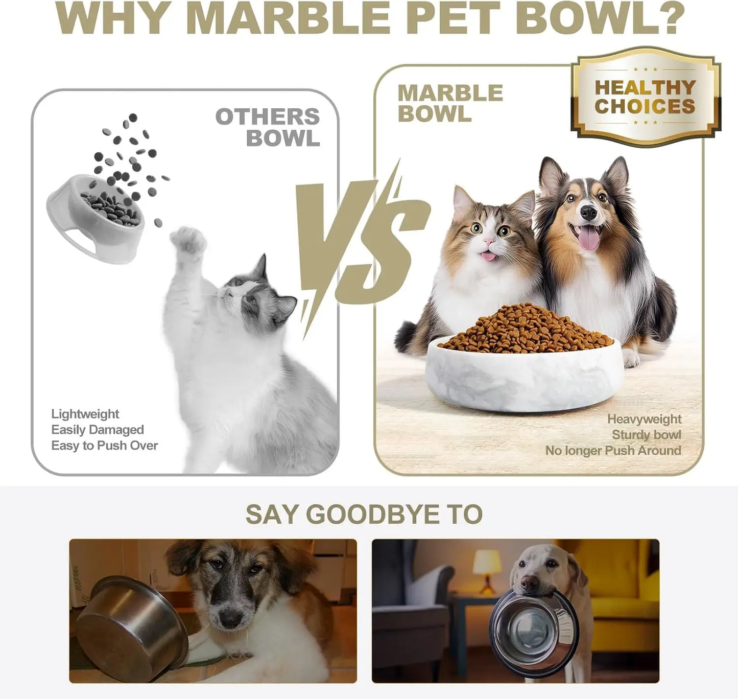 Marble Dog Bowl Non Slip Durable Ceramic Premium Pet Dish