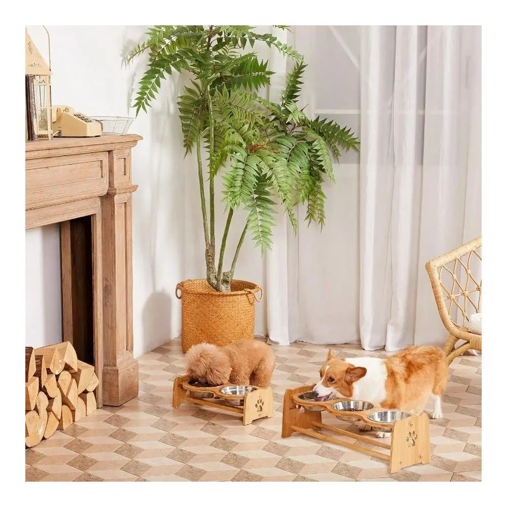Adjustable Bamboo Raised Dog Bowl Set For Cats And Dogs