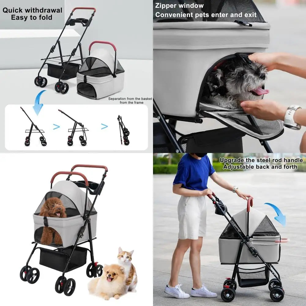 Folding 4-Wheel Pet Stroller with Storage, Adjustable Handle, and Carrier for Small Dogs and Cats - Ideal for Travel (Grey)