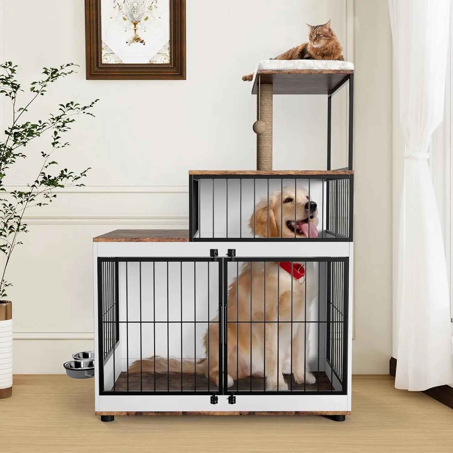 HiMISS Dog Crate Furniture With Cat Tower And Shelves