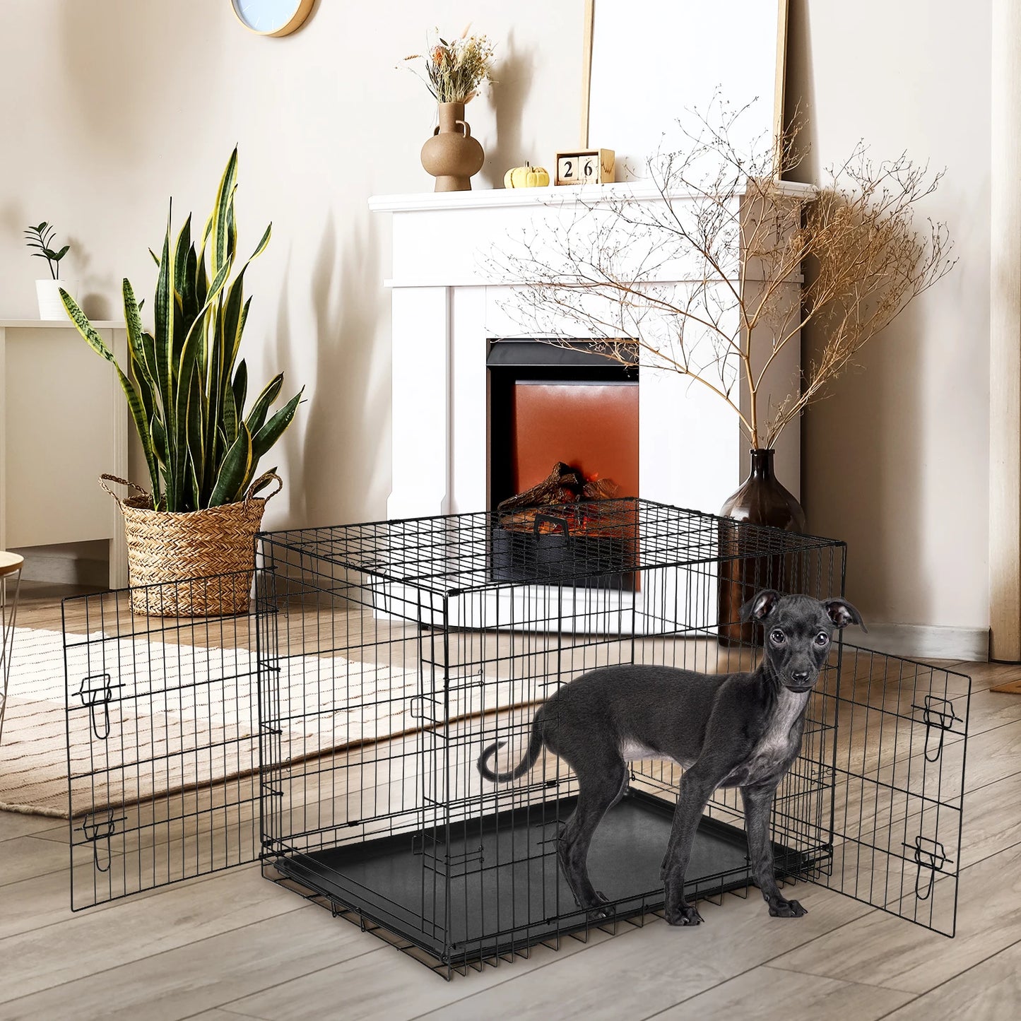 JHK Folding Metal Dog Cage With Leak Proof Pan