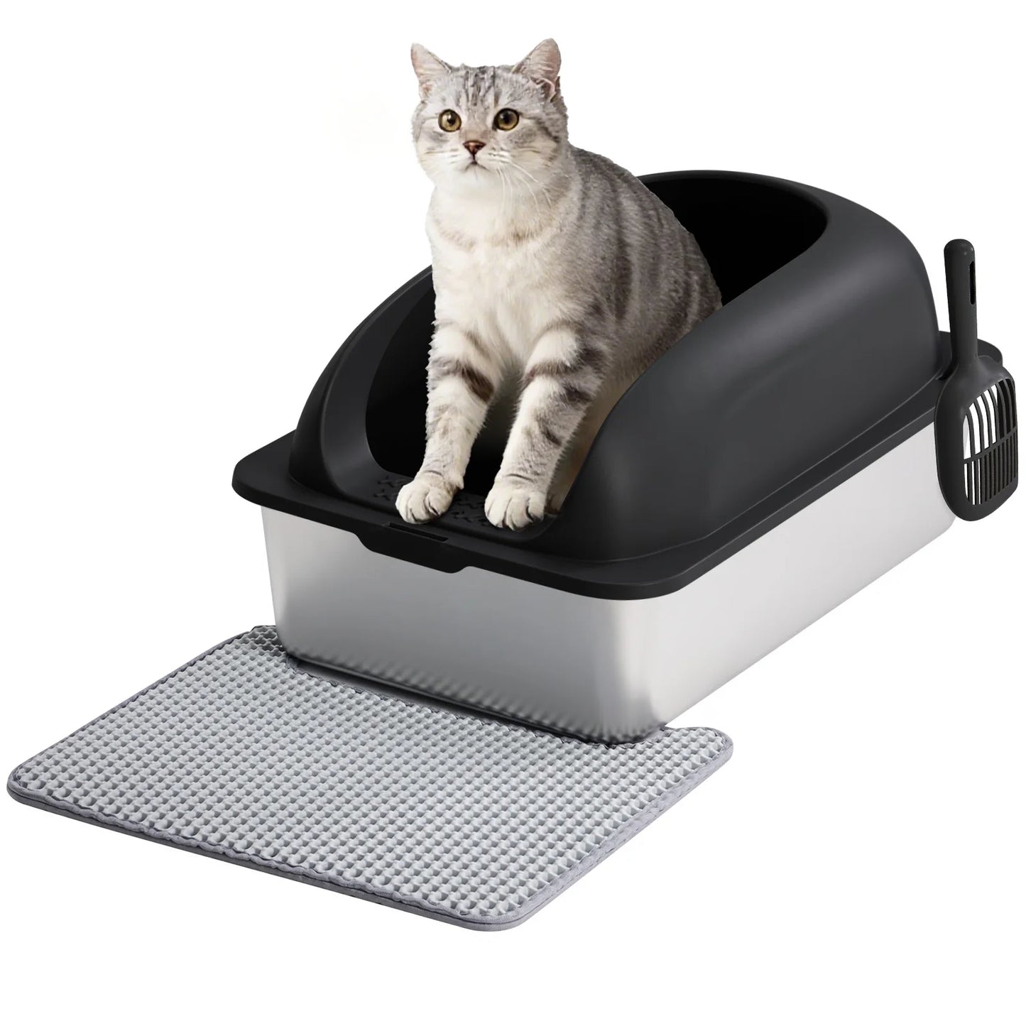 JHK Stainless Steel Cat Litter Box With Lid And Mat