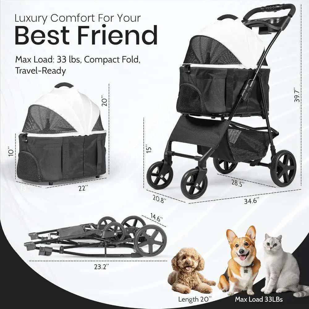 Compact 3-in-1 Pet Stroller and Carrier - Portable Design for Cats & Dogs, Safety Lock, Storage Basket