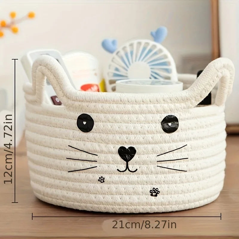 Cat Basket Storage Woven Organizer With Ears Decorative Toy Bin