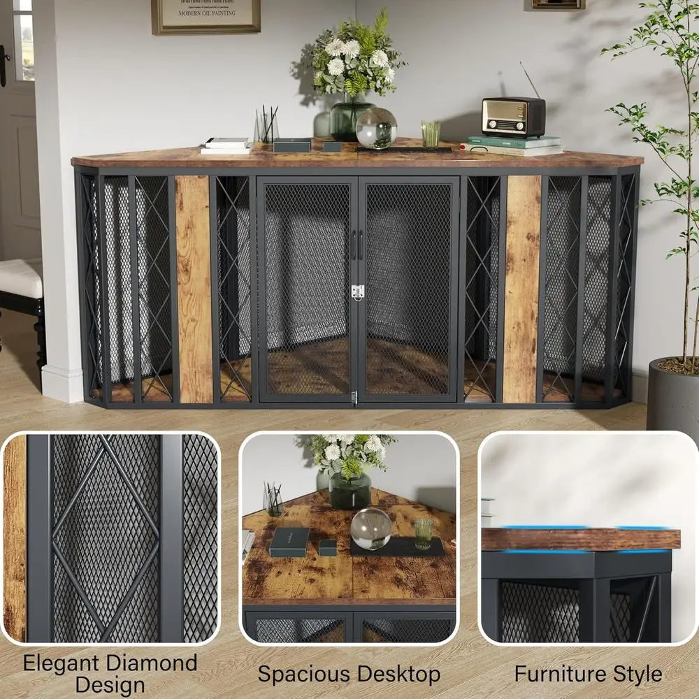 Corner Wooden Dog Crate Furniture Diamond Metal Decoration