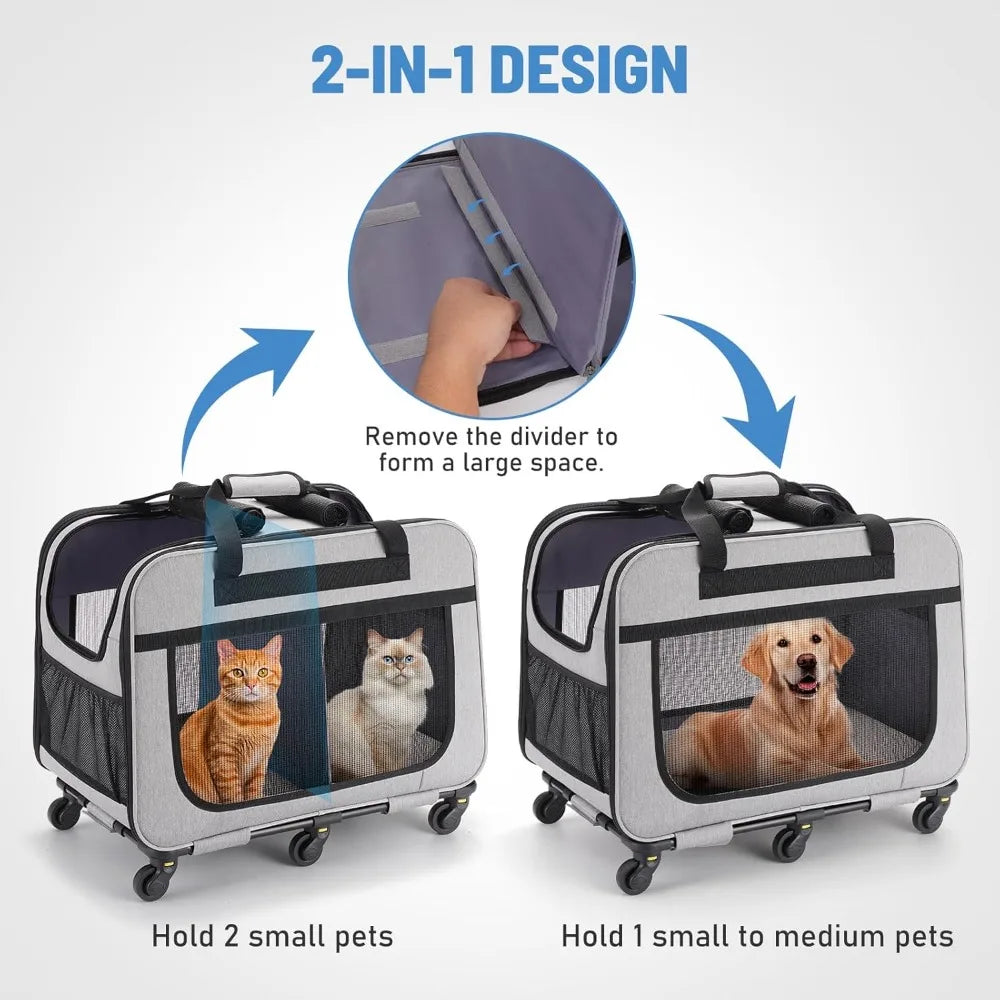 Double Pet Carrier With Wheels For Small Dogs And Cats