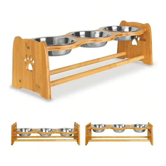 Adjustable Bamboo Raised Dog Bowl Set For Cats And Dogs