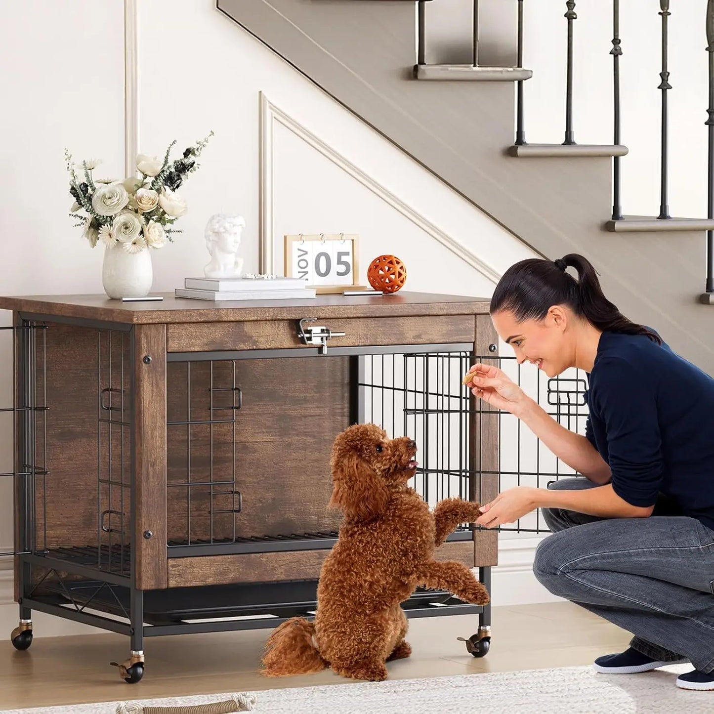 HiMISS Rustic Dog Crate Furniture With Wheels End Table