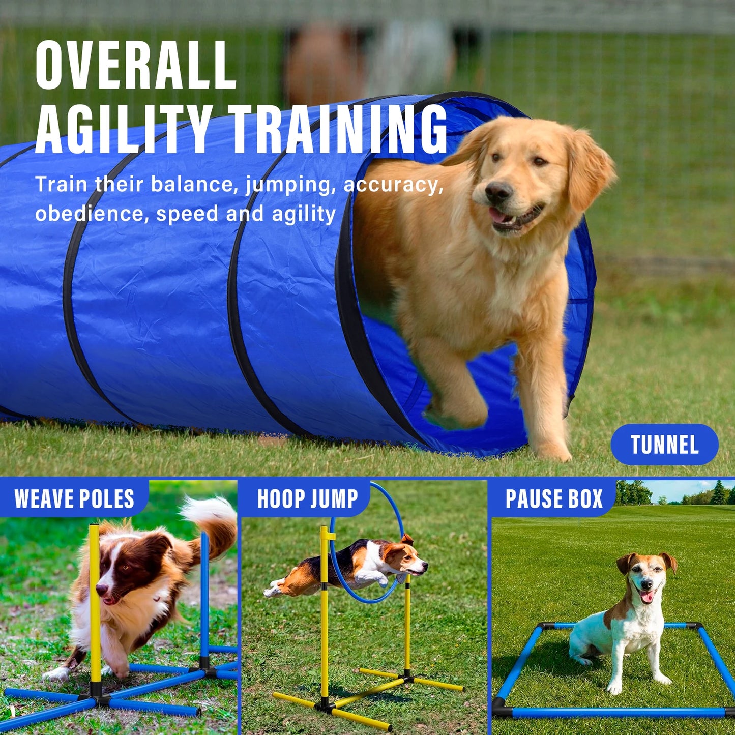 Dog Agility Course Backyard Set With Tunnels And Weave Poles
