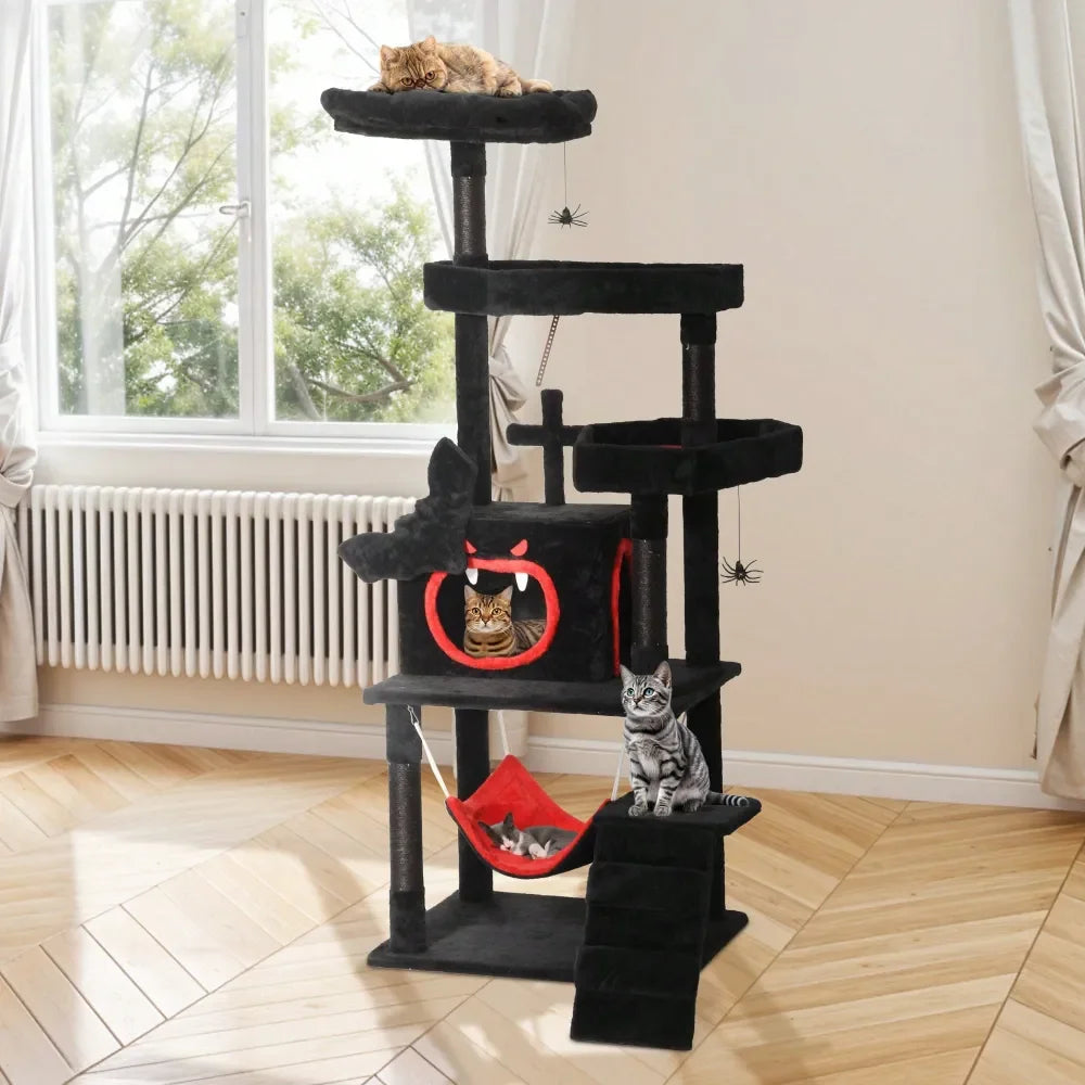 Gothic Cat Tree Tower For Indoor Cats With Spider Hanging