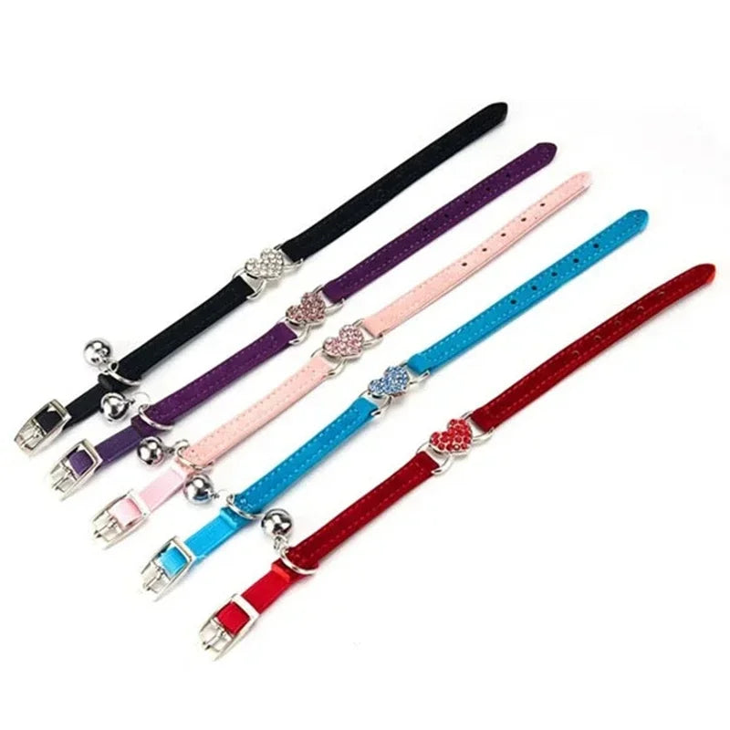 NONED Heart Charm Bell Cat Collar Elastic Adjustable Velvet