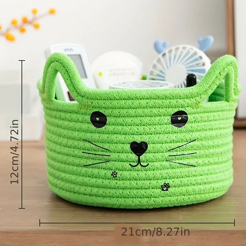 Cat Basket Storage Woven Organizer With Ears Decorative Toy Bin