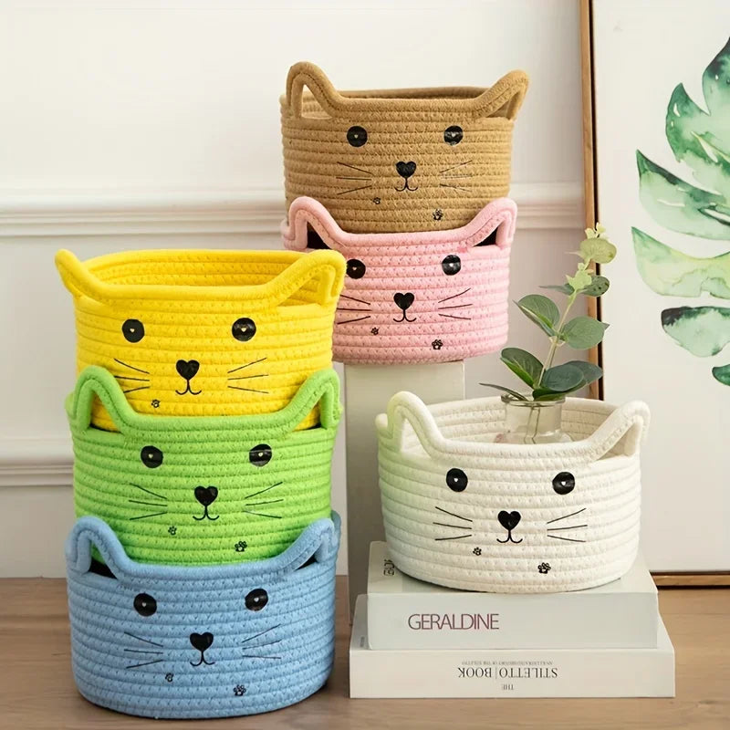 Cat Basket Storage Woven Organizer With Ears Decorative Toy Bin