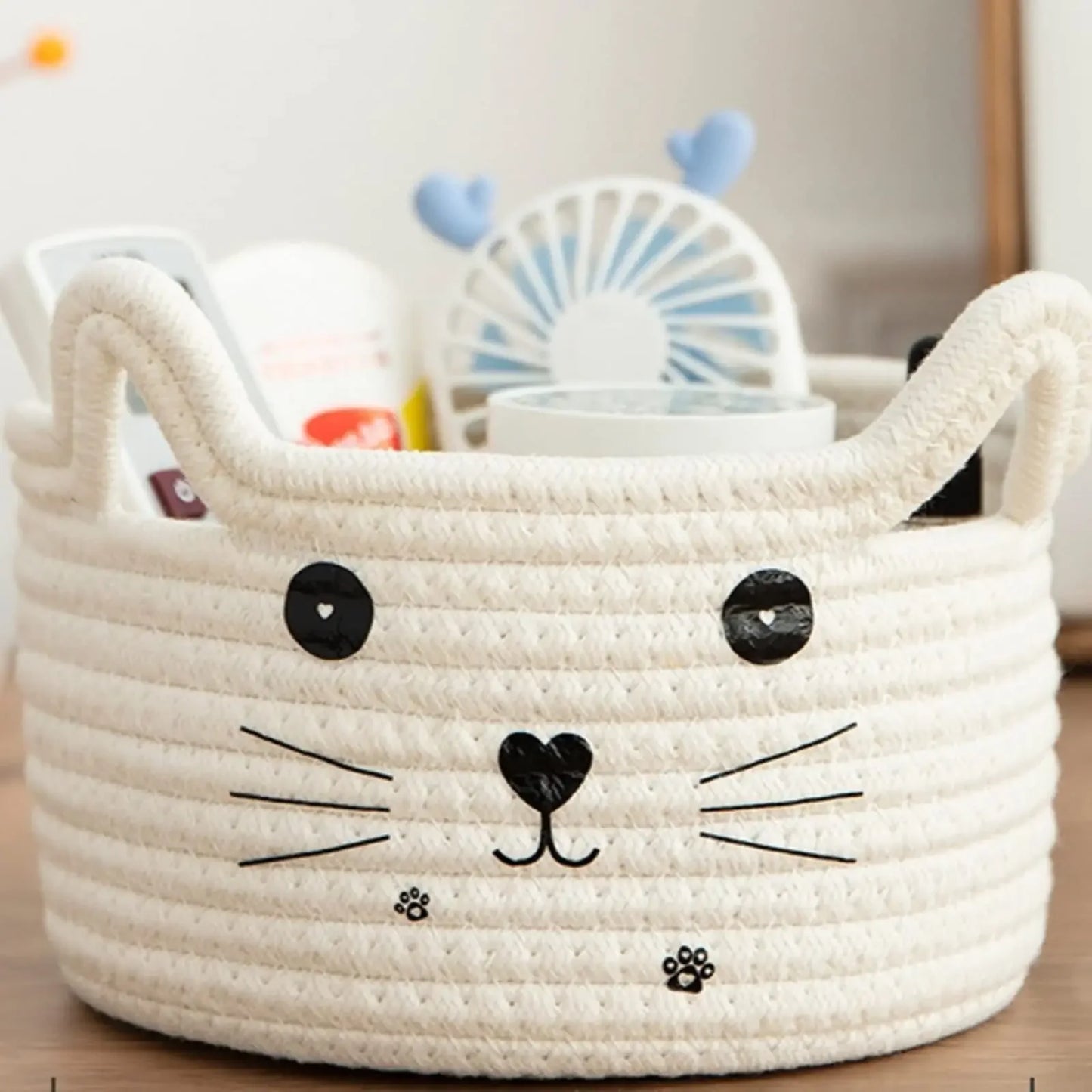 Cat Basket Storage Woven Organizer With Ears Decorative Toy Bin