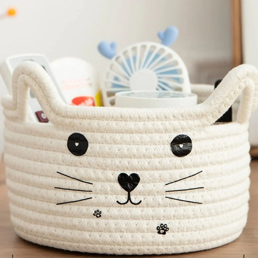 Cat Basket Storage Woven Organizer With Ears Decorative Toy Bin