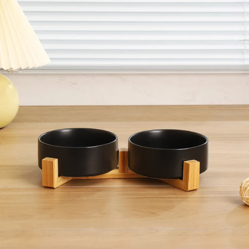 Ceramic Pet Bowl With Elevated Wood Stand No Spill
