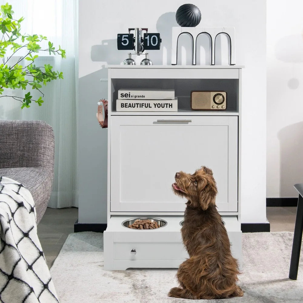 Pet Feeding Station With Double Pull-Out Dog Bowl Cabinet