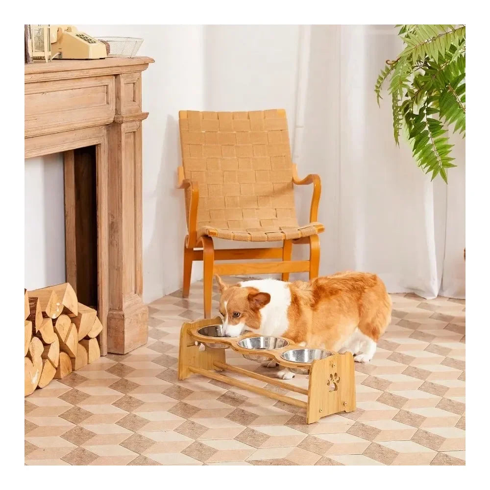 Adjustable Bamboo Raised Dog Bowl Set For Cats And Dogs