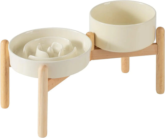 Ceramic Slow Feeder Dog Bowl Set With Wooden Stand