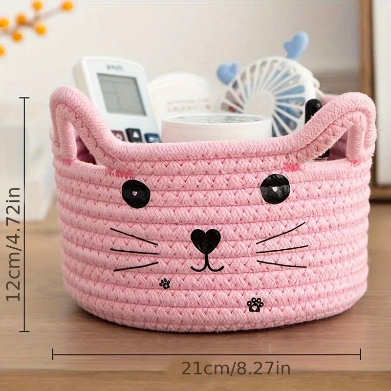Cat Basket Storage Woven Organizer With Ears Decorative Toy Bin