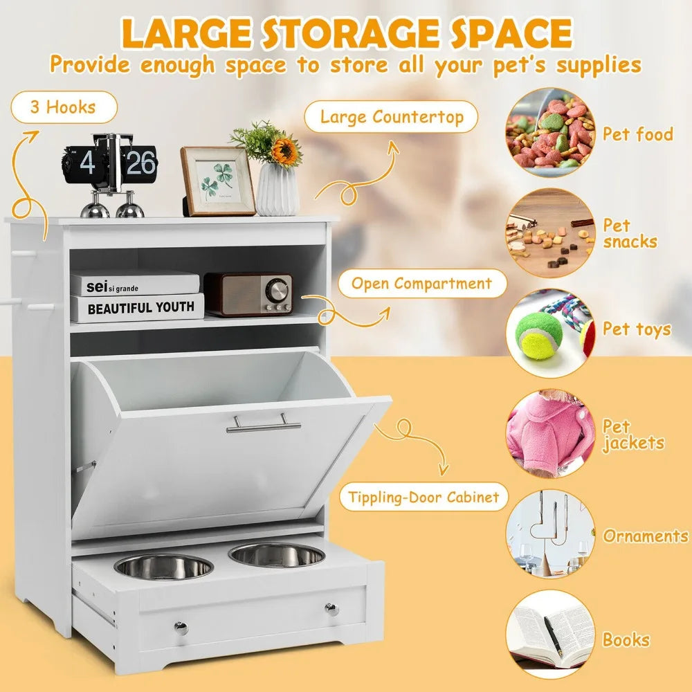 Pet Feeding Station With Double Pull-Out Dog Bowl Cabinet