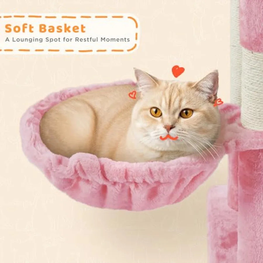 Tall Cat Tree With Perches And Cozy Basket For Cats