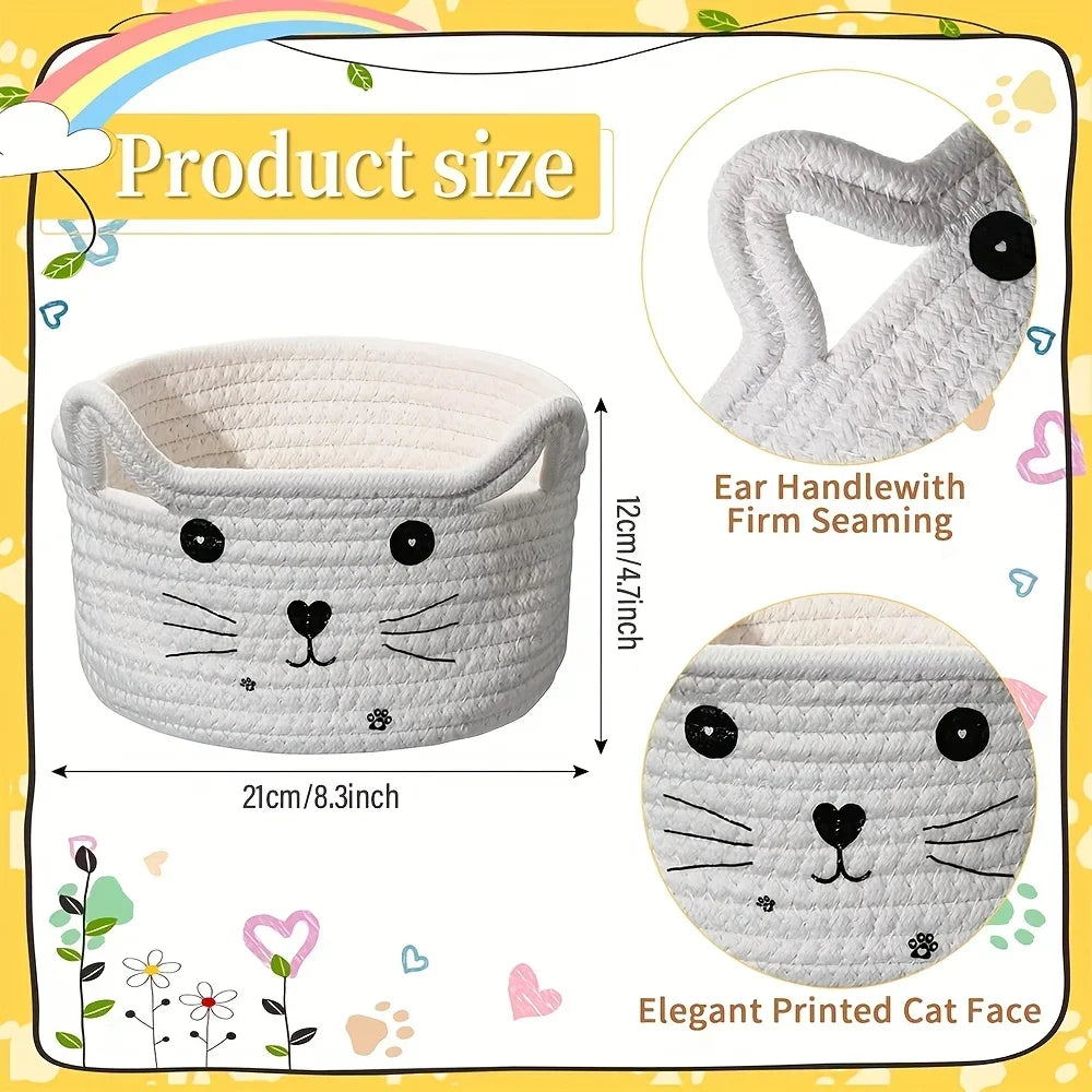 Cat Basket Storage Woven Organizer With Ears Decorative Toy Bin