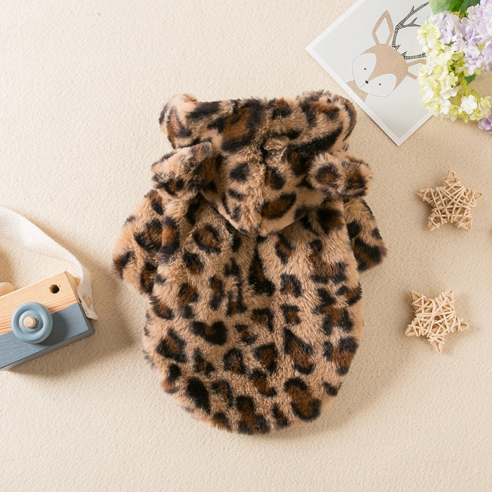 NONECN Winter Leopard Fleece Dog Hoodie Coat For Small Dogs